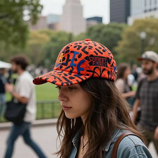 Photograph of a young woman with long brown hair, wearing an orange and black patterned baseball cap, denim jacket, in a busy urban park.