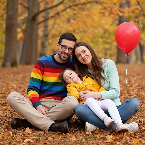 Photograph of a smiling family sitting on autumn leaves; father in rainbow sweater, mother in light blue, child in yellow, red balloon.