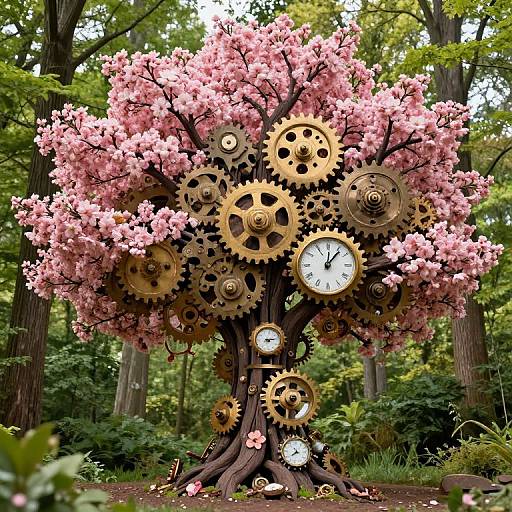 Photograph of a fantastical tree with pink cherry blossoms, adorned with intricate brass gears and clock faces, set in a lush forest.