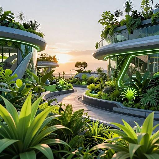 Futuristic Rooftop Garden at Sunset