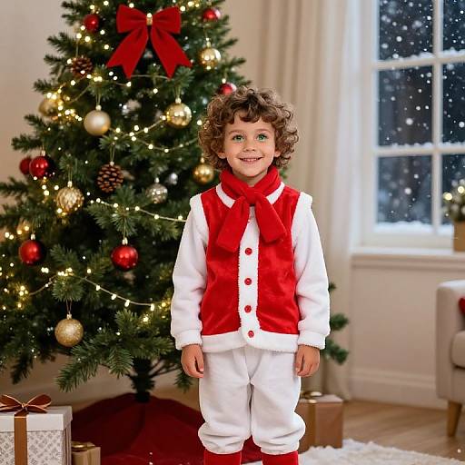 Joyful Boy in Santa Outfit by Tree