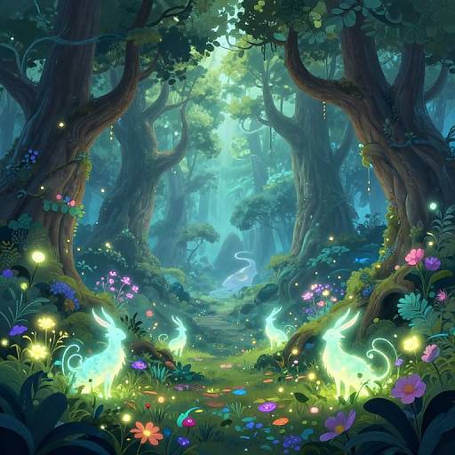 Enchanted forest scene: glowing blue fireflies, vibrant flowers, towering trees, ethereal light, and lush greenery create a magical, whims