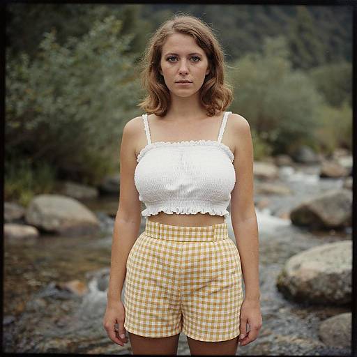 Photograph of a white woman with light brown hair in a white lace crop top and yellow checkered shorts, standing in a rocky forest stream.