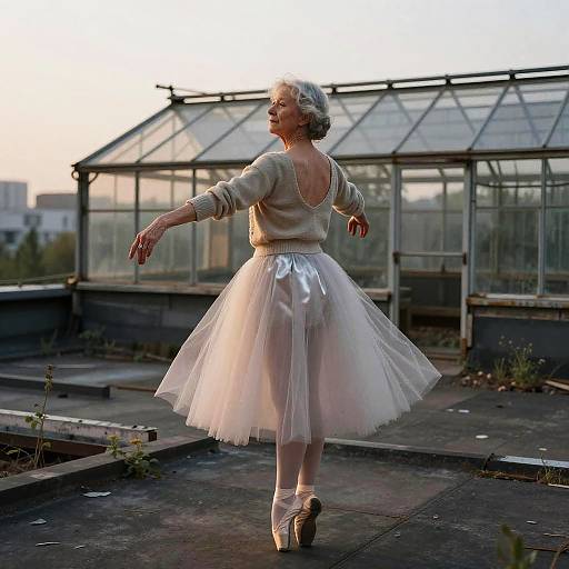 Elderly Ballerina on Rooftop at Dusk