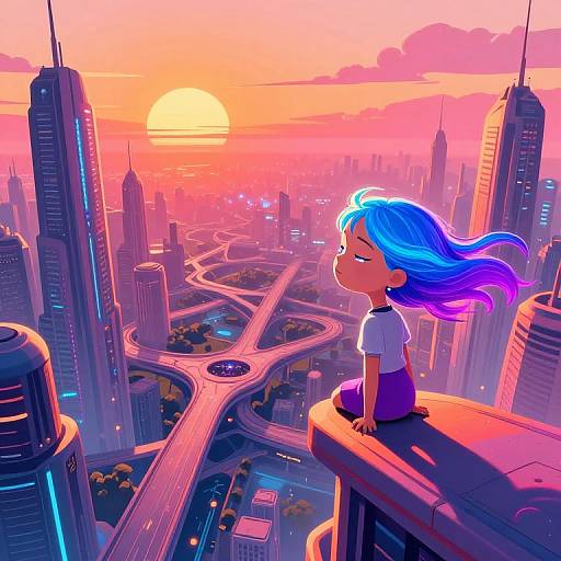 Digital anime-style artwork of a blue-haired girl with purple tips sitting on a skyscraper, looking at a vibrant sunset over a futuristic city with neon-l