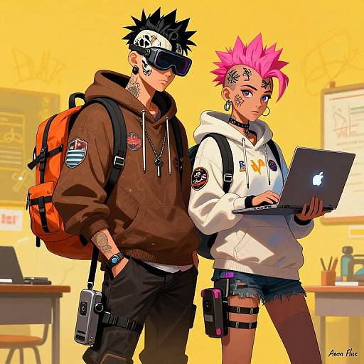 Digital anime-style artwork of a spiked-haired boy in sunglasses and brown hoodie, and a pink-haired girl in white hoodie, using a laptop in a bright
