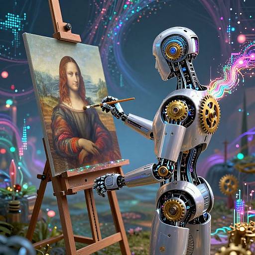 Cyborg painting Mona Lisa portrait on futuristic easel, surrounded by colorful, glowing sci-fi backdrop with gears and neon lights. Digital art.
