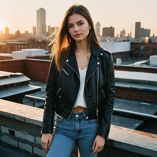 Fashion Model with Layered Straight Hair on Urban Rooftop
