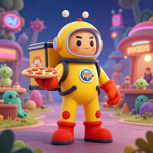 CGI cartoon image of a yellow, round-headed astronaut with red gloves and boots, holding a pizza, in a colorful, whimsical alien landscape.