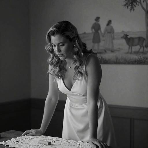 Elegant Woman in Rustic Black-and-White Scene