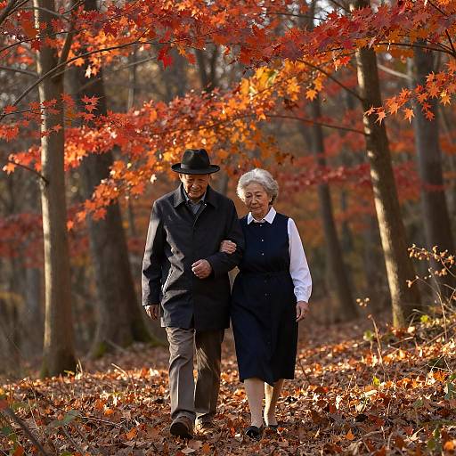 Elderly Couple Walking in Autumn Forest