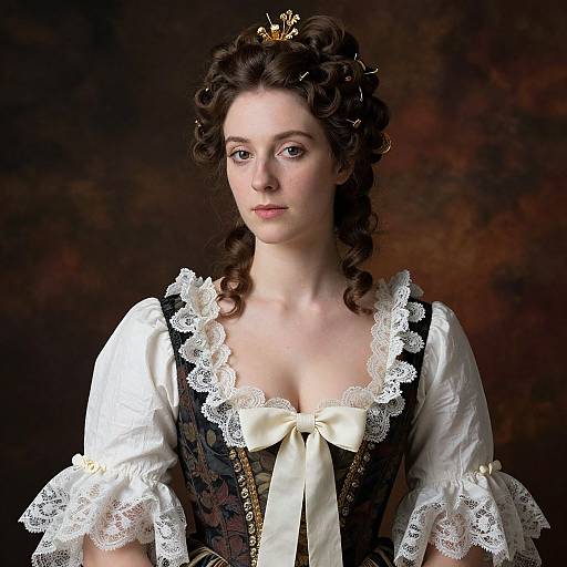 Photograph of a pale-skinned, curly-haired woman with a crown, wearing a white-laced, black floral corset dress and large bow,