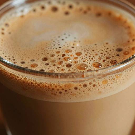 Close-up photograph of a frothy, bubbly, light brown coffee drink in a clear glass, with creamy foam and small bubbles.