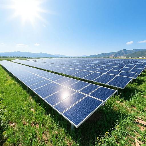 Photograph of large solar panels on grassy land, under bright blue sky with sunlight reflecting off panels, with distant hills.