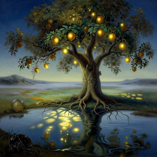 Digital painting of a glowing, enchanted tree with yellow lights, hanging fruit, reflected in a calm pond at twilight.