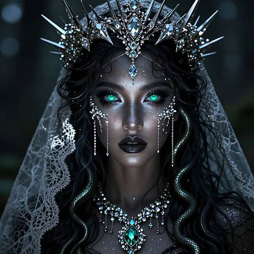 Digital artwork of a dark, ethereal woman with glowing green eyes, silver crown, black lipstick, and intricate jewelry, wearing a lace veil.