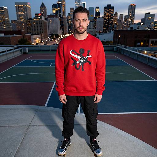 Photograph of a bearded man with short dark hair, wearing a red sweatshirt with a black and red graphic, black pants, and blue shoes