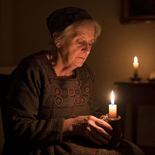 Photograph of an elderly woman with white hair, wearing a dark, patterned dress and black headscarf, gently holding two lit candles, casting