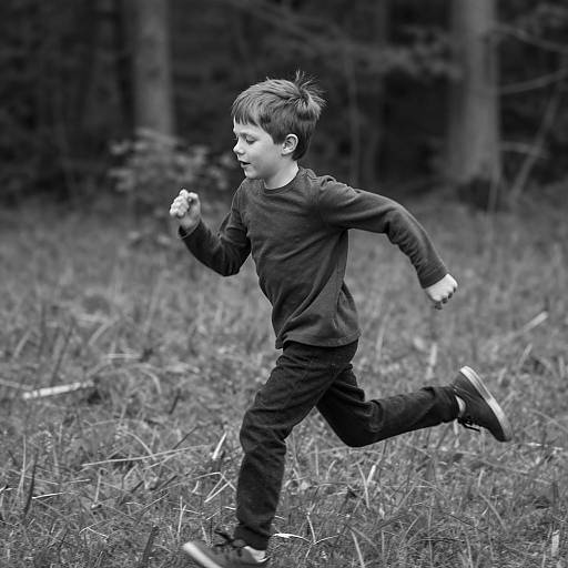 Dynamic Black-and-White Photo of Young Boy