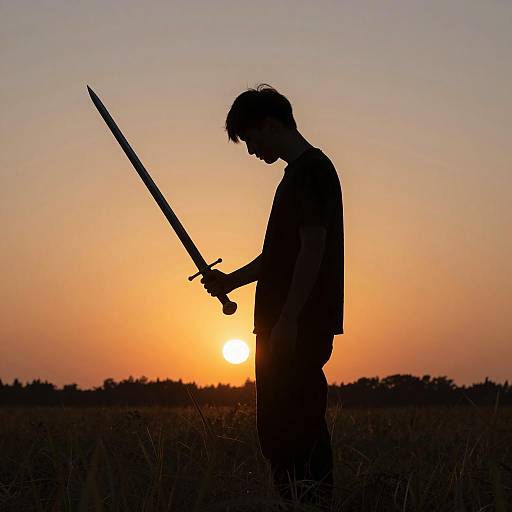 Silhouetted Warrior in Sunset Field