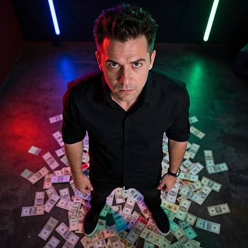 Man Standing Amid Neon-Lit Money