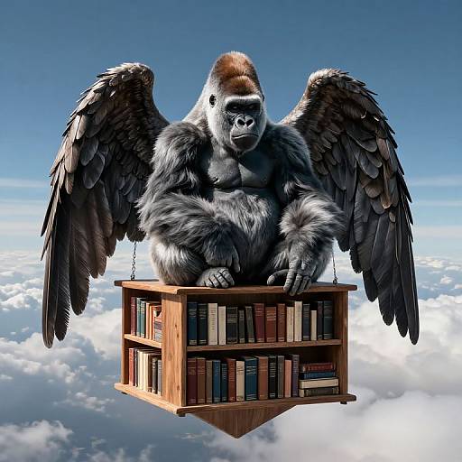 Photorealistic CGI of a large, winged gorilla sitting on a floating wooden bookshelf filled with books, above a cloudy sky.