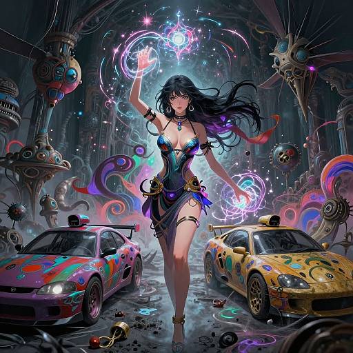 Digital illustration of a dark-haired, voluptuous woman in a revealing outfit, casting a glowing spell in a futuristic, neon-lit, car-filled alley