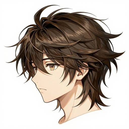Anime-style digital drawing of a young man with messy brown hair, light skin, and golden eyes, shown in profile against a white background.