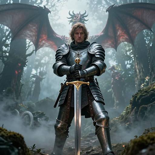 Fantasy CGI image: armored warrior with curly hair, holding sword, demon wings behind, foggy forest background, dark and moody atmosphere.