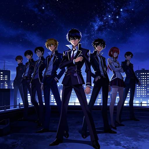 Anime-style digital illustration of a group of seven people in black suits and ties, standing on a rooftop at night, under a starry sky. Central