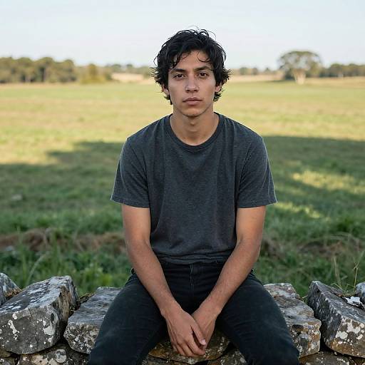 Photograph of a young, dark-haired man with medium skin tone, wearing a gray t-shirt and black pants, sitting on a stone wall in a