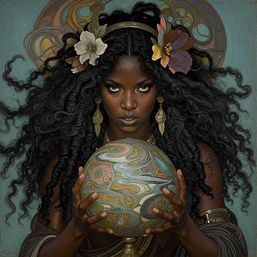 Digital artwork of a dark-skinned woman with long, curly black hair, adorned with flowers, holding an ornate, colorful globe, against a teal