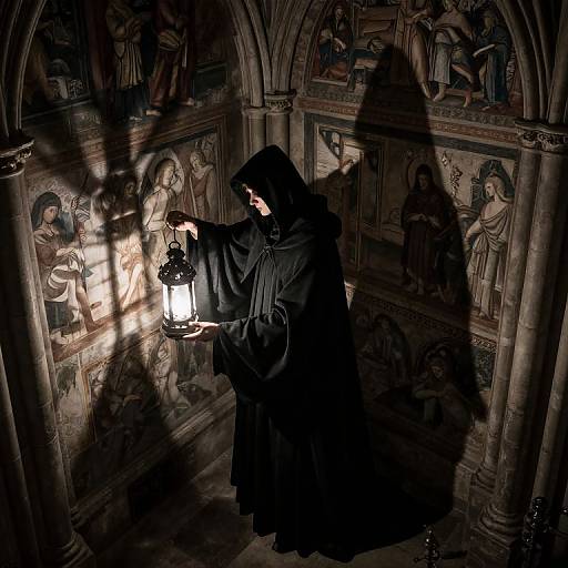 Photograph of a hooded figure in black robe, holding lantern, casting shadow, illuminating medieval frescoed church wall. Dramatic lighting.
