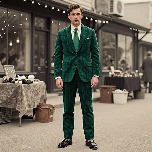 Photograph of a handsome man in a green plaid suit, white shirt, and green tie, standing confidently in an outdoor market with tables and string