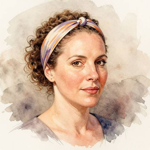 Watercolor portrait of a smiling woman with curly brown hair, wearing a colorful headband and gray top, against a textured gray background.