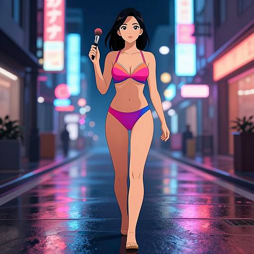 Digital anime-style drawing of a confident young woman with black hair, wearing a pink and blue bikini, holding a microphone, walking on a neon-lit