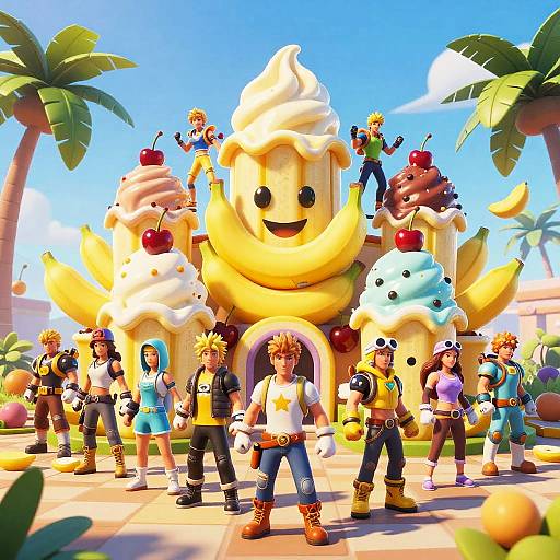 Vibrant CGI image of a cartoon-style banana ice cream shop with smiling banana faces. Characters in colorful, adventurous attire stand in front, surrounded by