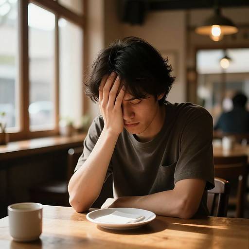 Photograph of a young Asian man with messy black hair, wearing a gray t-shirt, sitting at a wooden table, head in hand, looking down