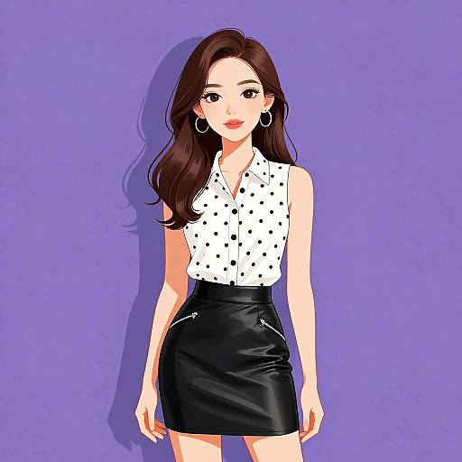 Digital illustration of a young woman with long brown hair, wearing a white polka dot sleeveless top and black leather skirt, standing against a solid purple