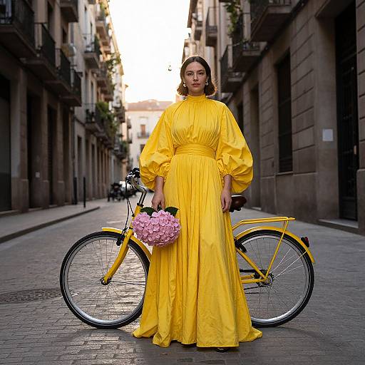 Photograph of a woman in a vibrant yellow, long-sleeve dress standing with a yellow bicycle on a narrow, urban street, holding a pink