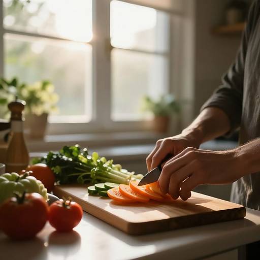 Photograph of a person's hands slicing an orange carrot on a wooden cutting board in a sunlit kitchen, with tomatoes, green peppers, and leaf