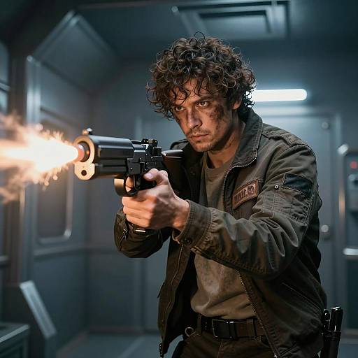 Crouching Hero in Futuristic Interior