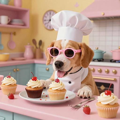CGI image of a cute golden retriever in a white chef's hat and pink sunglasses, decorating cupcakes with cherries in a pastel kitchen.