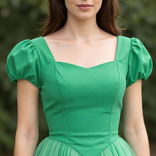 Photograph of a woman with fair skin, brown wavy hair, wearing a vibrant green, puffed-sleeve, square-neck dress with a