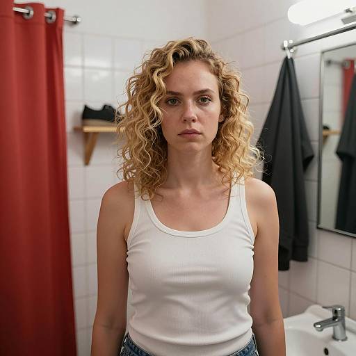 Serious Woman in Tiled Bathroom Scene