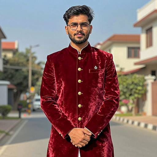 Confident Man in Velvet Jodhpuri Suit