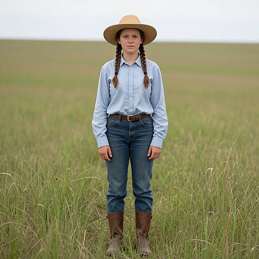 Photograph of a young girl with braided hair, wearing a straw hat, light blue shirt, dark jeans, brown belt, and boots, standing