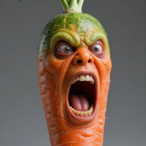 Photorealistic CGI of a carrot with a human-like angry face, wide eyes, furrowed brow, open mouth with teeth, and green top
