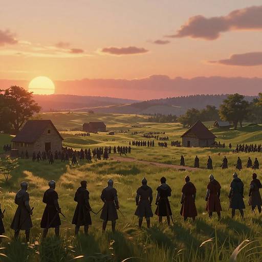 Photorealistic sunset scene: soldiers in medieval attire form a line in a grassy field, facing a distant village and large crowd. Warm orange and