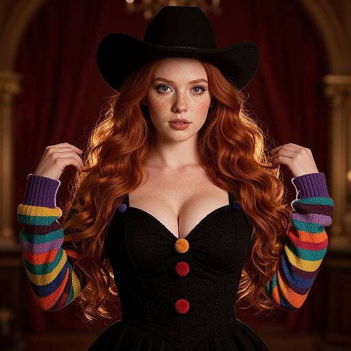 Photograph of a fair-skinned, red-haired woman with wavy hair, wearing a black hat, colorful striped sweater, and black velvet dress with